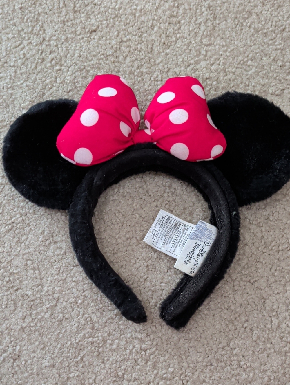 Disney Black Minnie Mouse Kids Ears Headband with Red Polka Dot Bow GUC